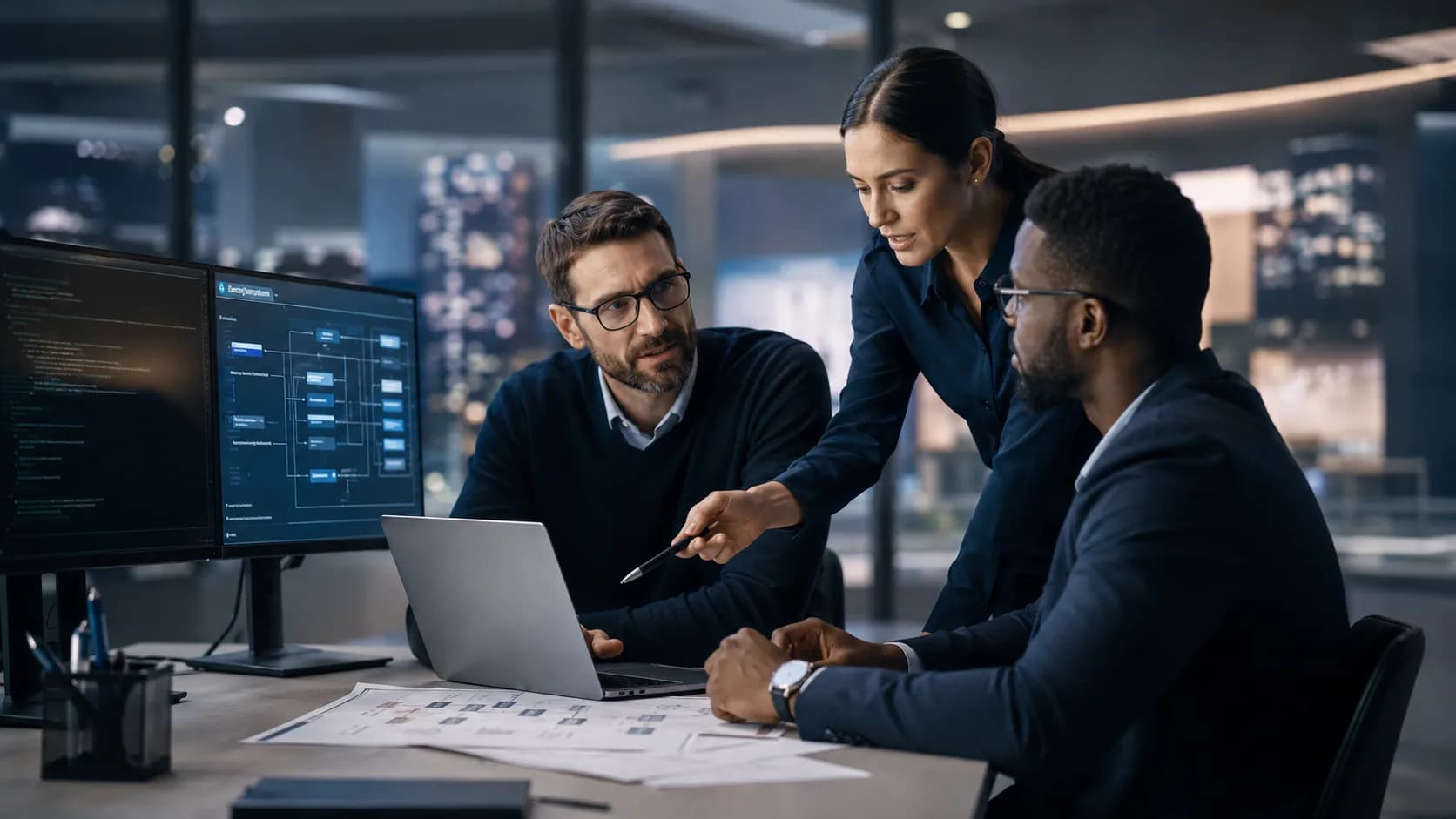 Consultants reviewing backend systems and technical architecture