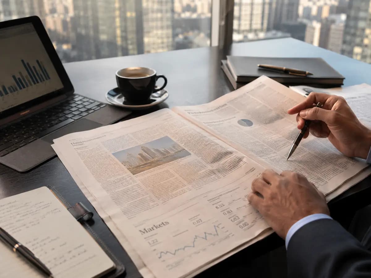 Newspaper and market research on a professional desk