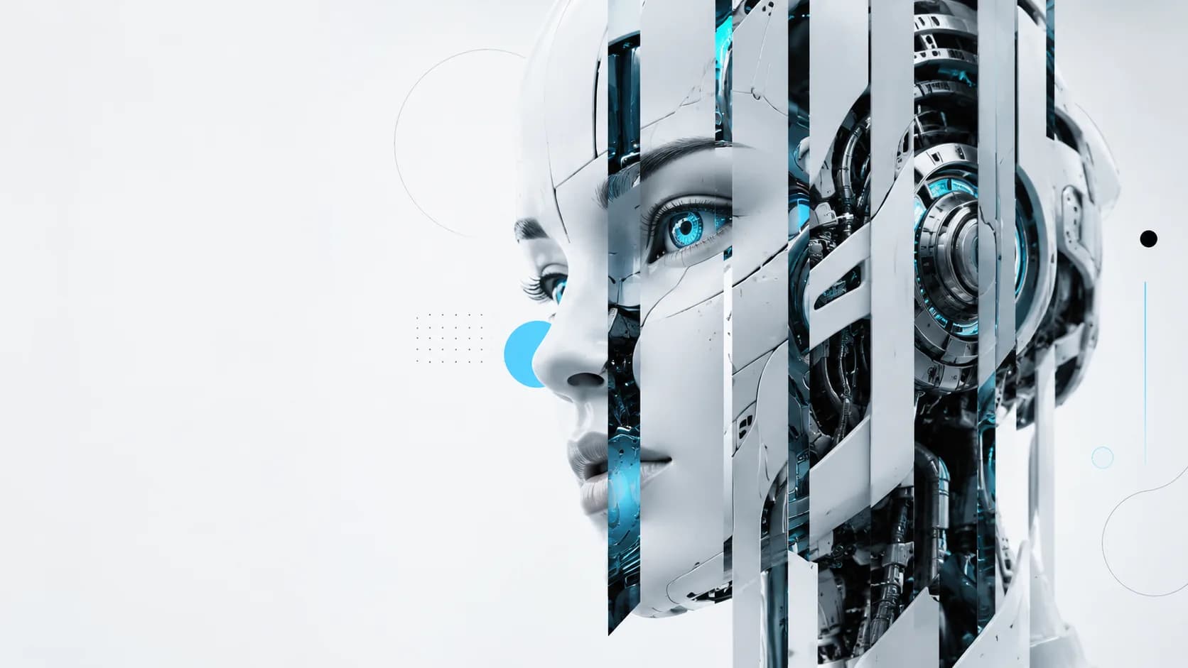 Fragmented robotic portrait representing production AI systems