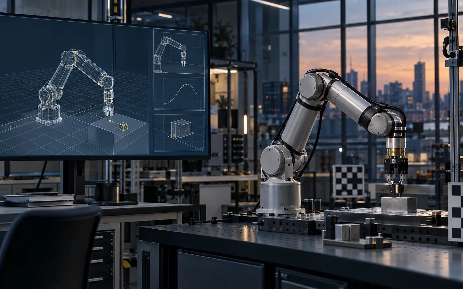 Industrial robot operating beside its virtual simulation environment
